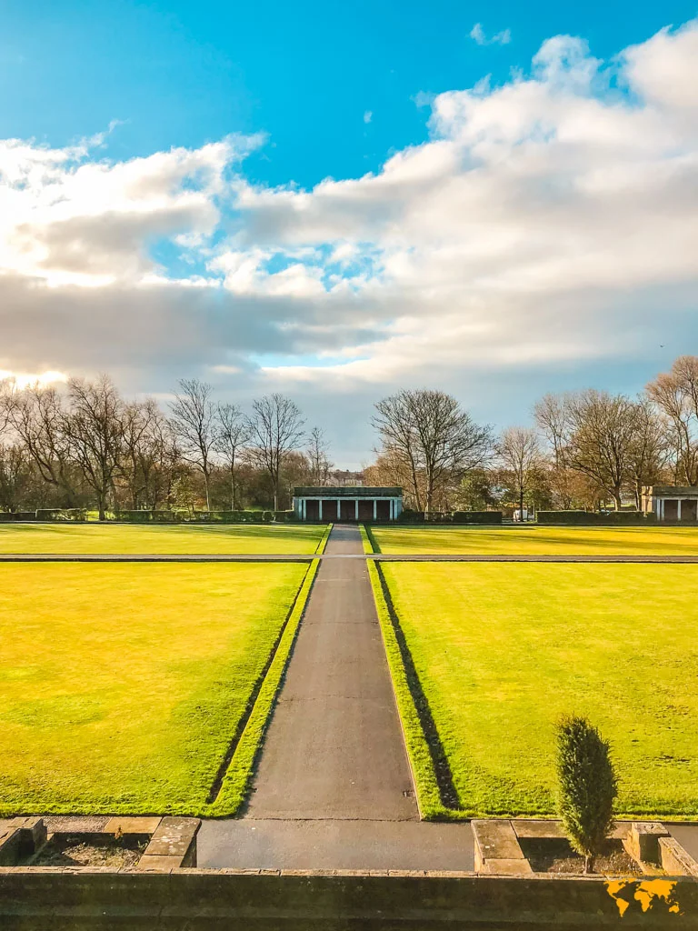 Open fields at Stanley Park in the morning sunshine in Blackpool.
