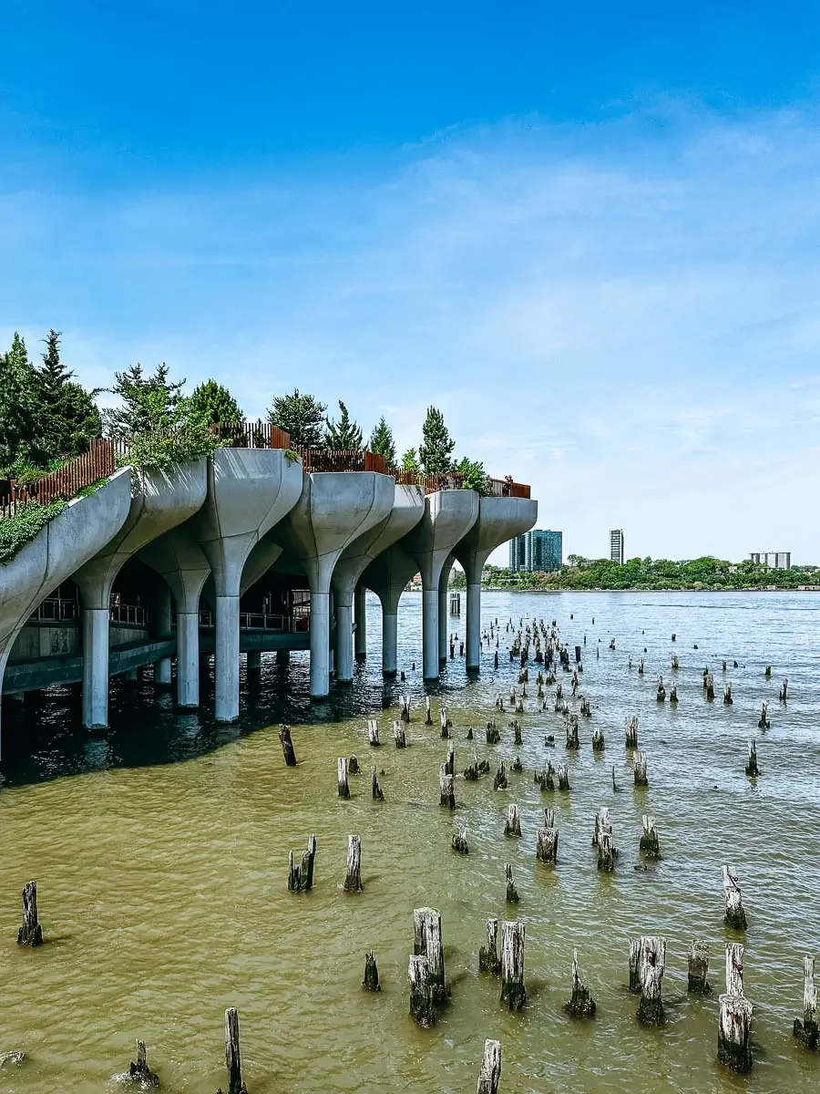 view of little island on the water in new york city. View of the concrete pot shaped tulips reaching out above the water with the skyline in the background.