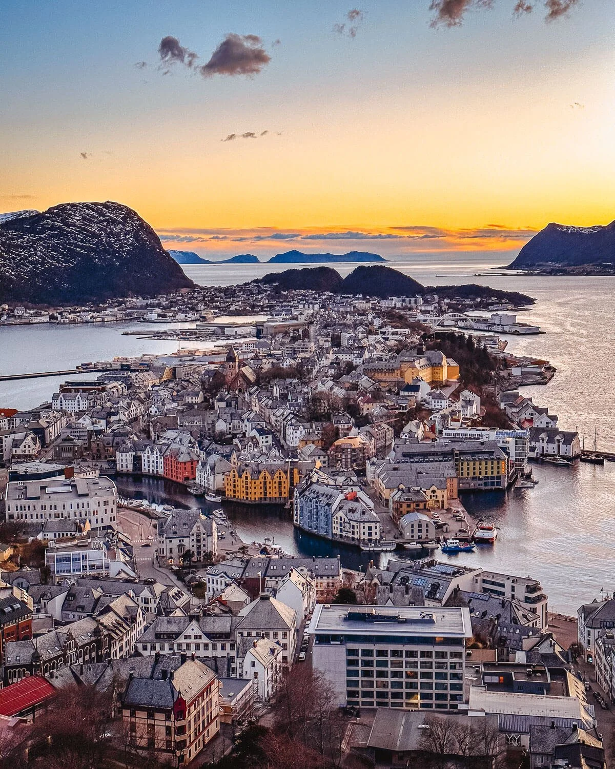 Sunset view of Alesund city and islands from Aksla viewpoint Norway