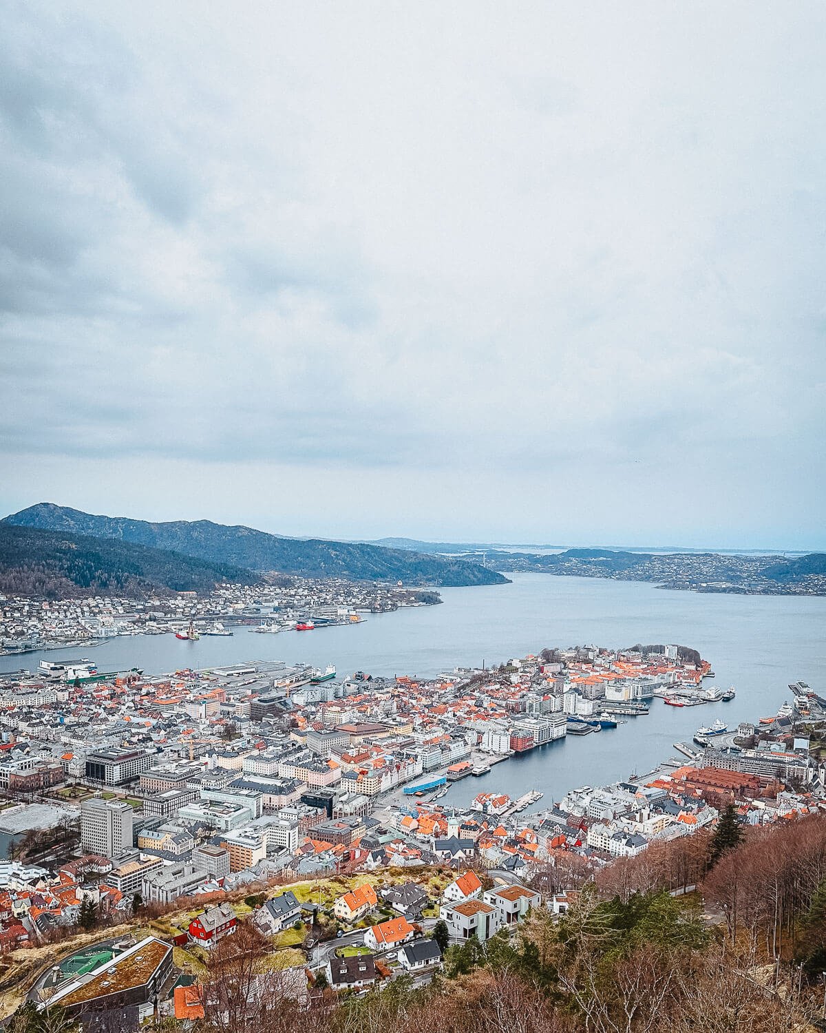 View of Bergen city and harbor from Mount Floyen viewpoint Norway