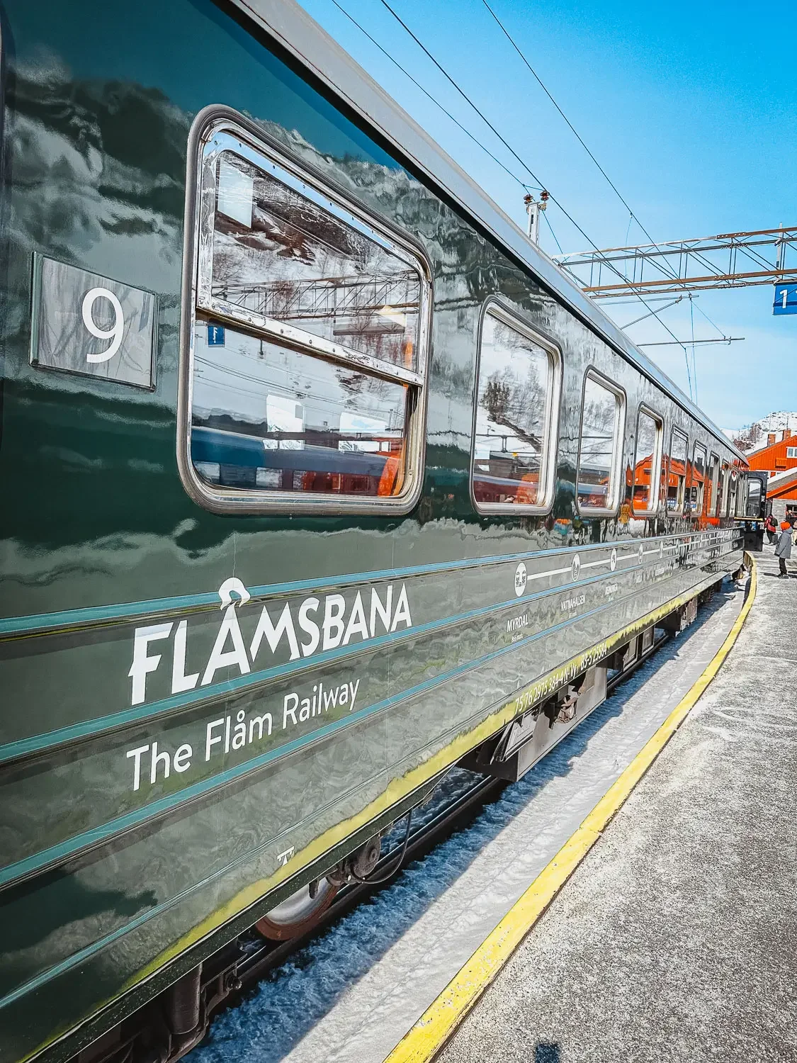 Flamsbana Flam Railway green vintage train carriage at Myrdal station Norway