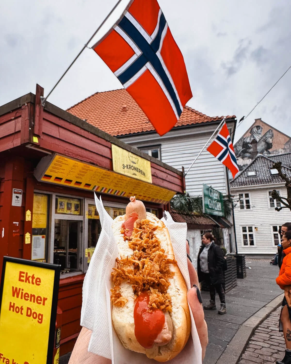 Norwegian hot dog with crispy onions from 3-Kroneren stand Bergen Norway
