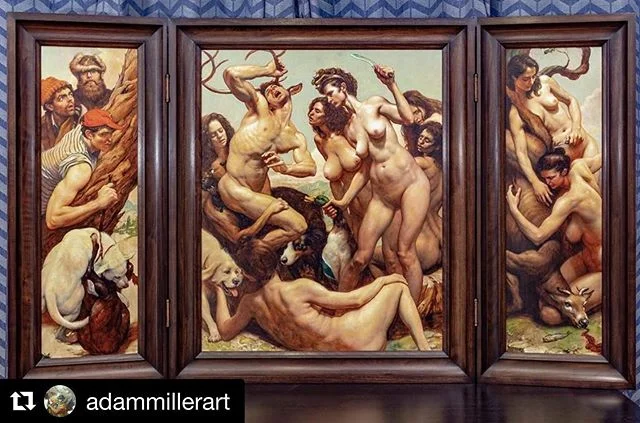 Here is Adam Miller&rsquo;s triptych &lsquo;Diana and Actaeon&rsquo; in the show &ldquo;Go Wild&rdquo; at Gormleys Fine Art in Dublin curated by Conor Walton.  The custom frame is by Eric Michael Tollefson. .
.
.
.
.
#art #fineart #paintings #frames 