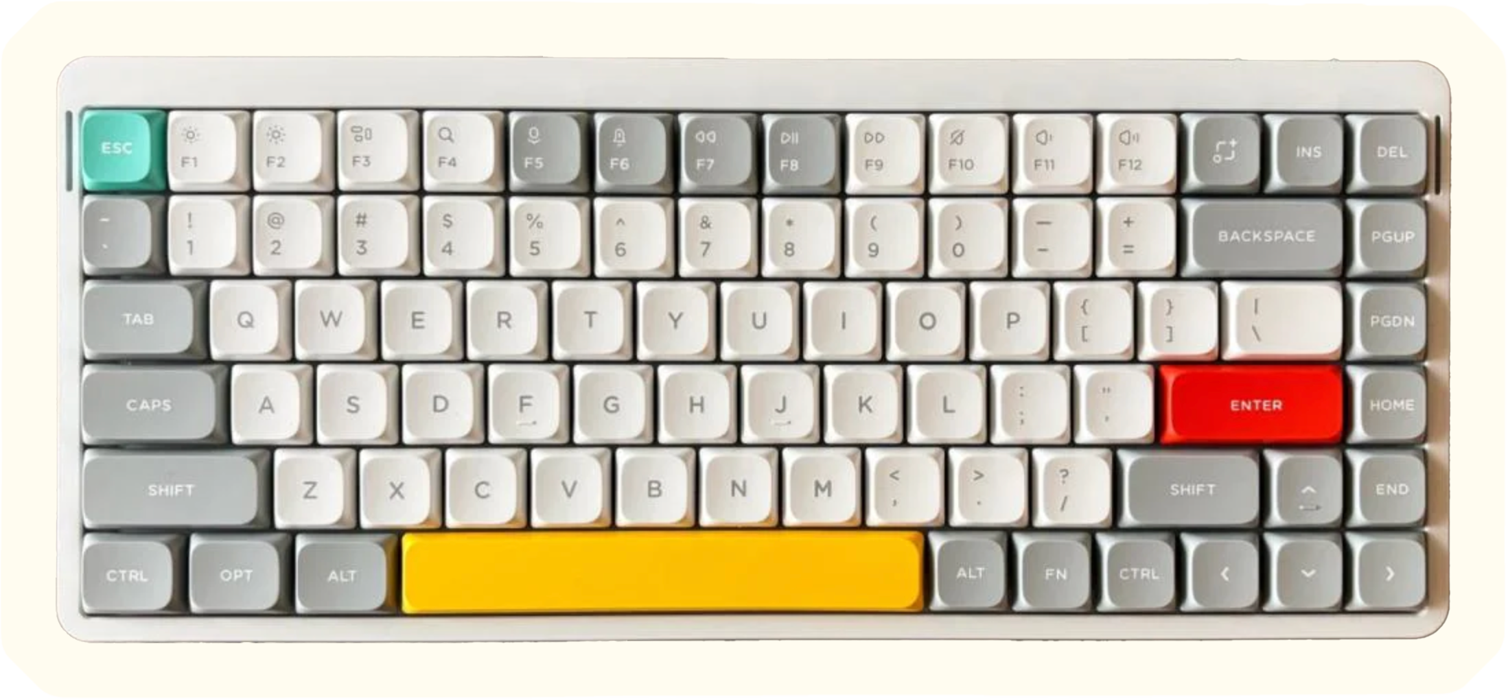 A computer keyboard with colorful keys. The Escape key is turquoise, the Enter key is red, the space bar is yellow, and the Backspace key is gray. The other keys are mostly white or gray.