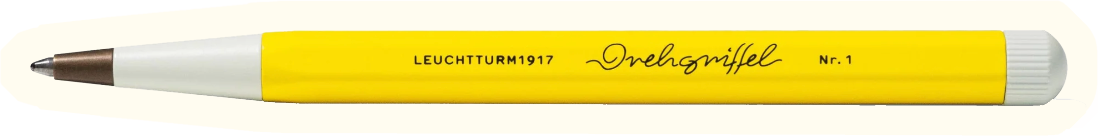 Yellow and white pen with black text and handwriting style text on the barrel.