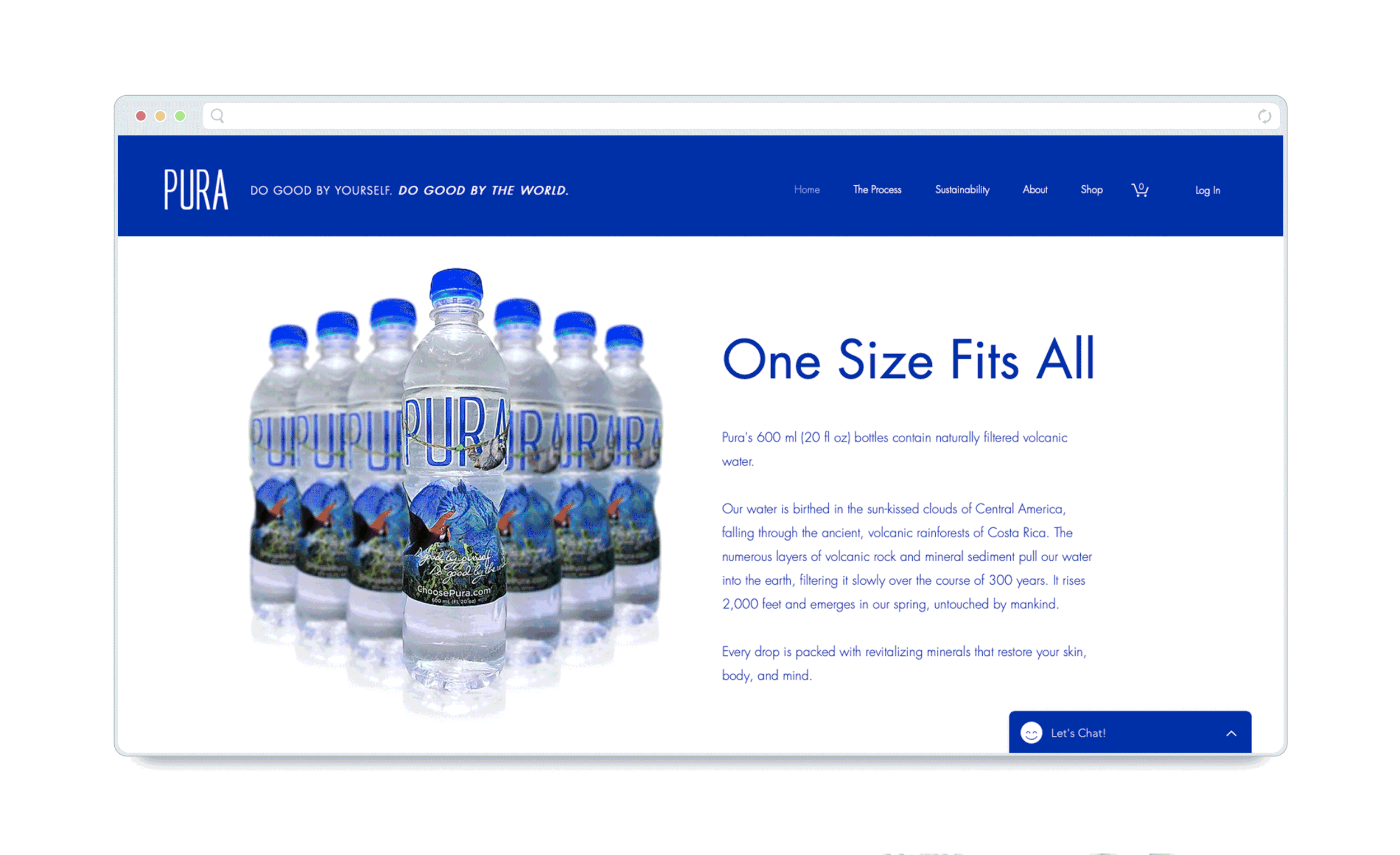 Screenshot of a website promoting Pura bottled water, featuring an image of multiple water bottles with mountain and cloud artwork labels and a blue header with white text.