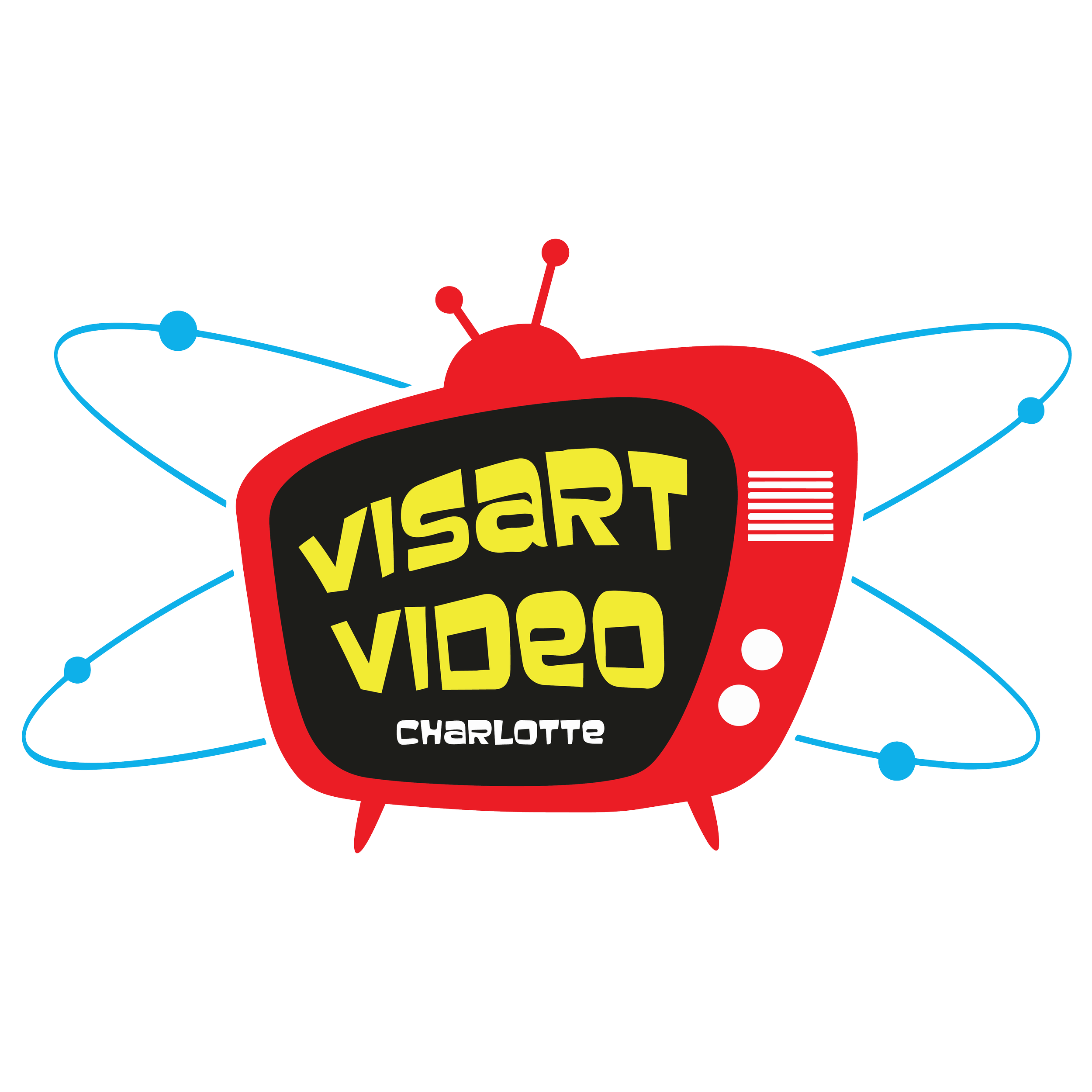 Colorful racing game logo with a stylized red helmet and yellow text for "VisArt Video" in a comic book style.