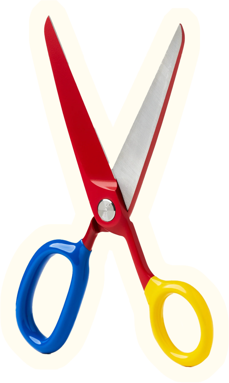 Pair of scissors with blue handle, red blades, and yellow handle against a plain background.