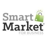 Smart Market for Business logo with gray and black text and a green shopping bag with rays above.