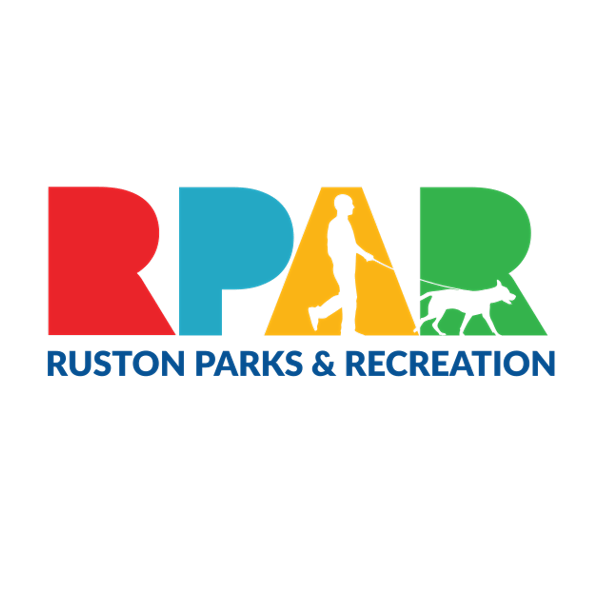 Ruston Parks & Recreation logo with large colorful letters R, P, A, R and silhouettes of a person jogging and a dog on a leash.