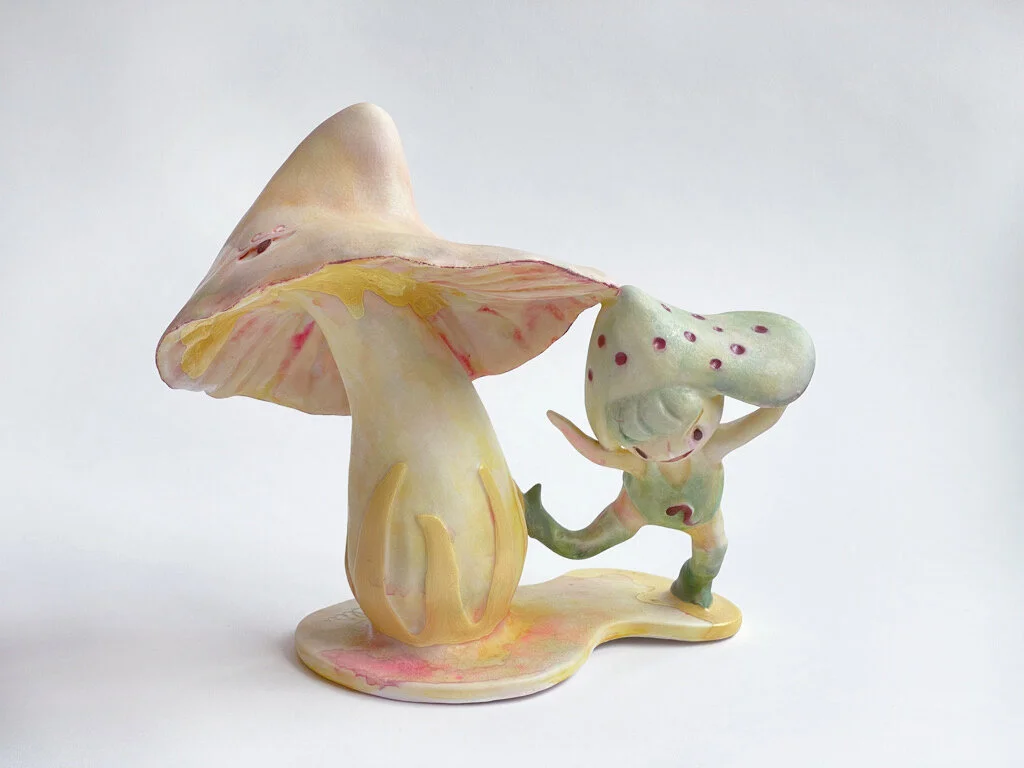 A girl kicking a mushroom