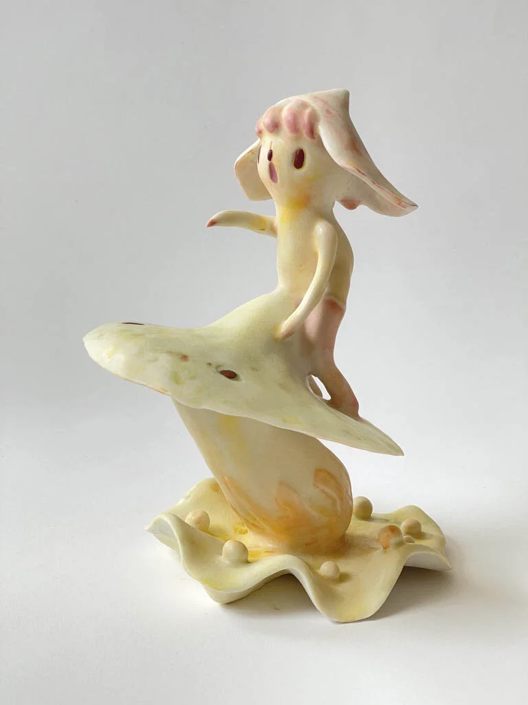 A girl flying with a mushroom