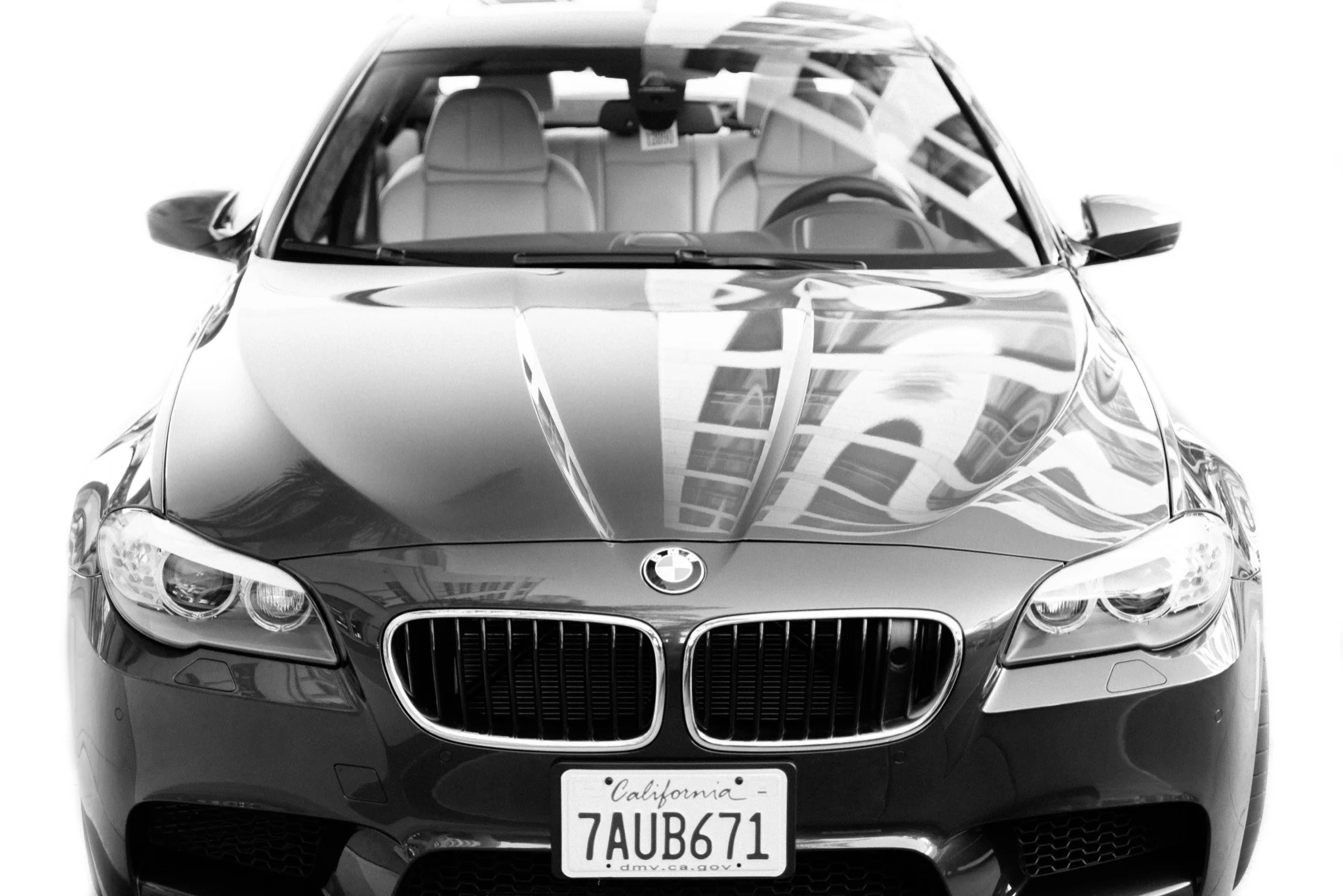 black and white of a BMW from the front