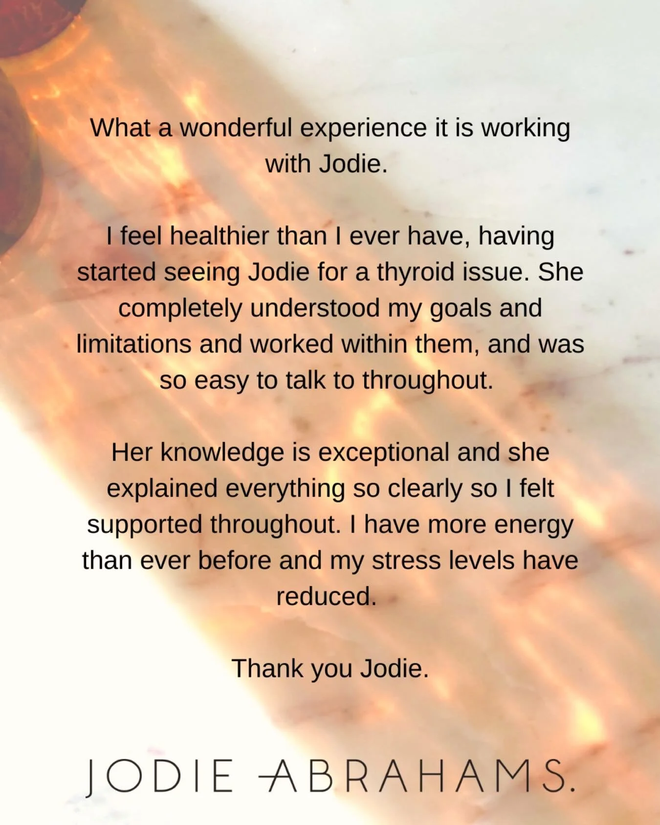 New client testimonial 💫 

Healthier, more energy, less stressed and supported throughout. 

This is my aim for every client - and I&rsquo;m delighted for her.

Book an introductory call for a free chat about how I can support you to meet your healt