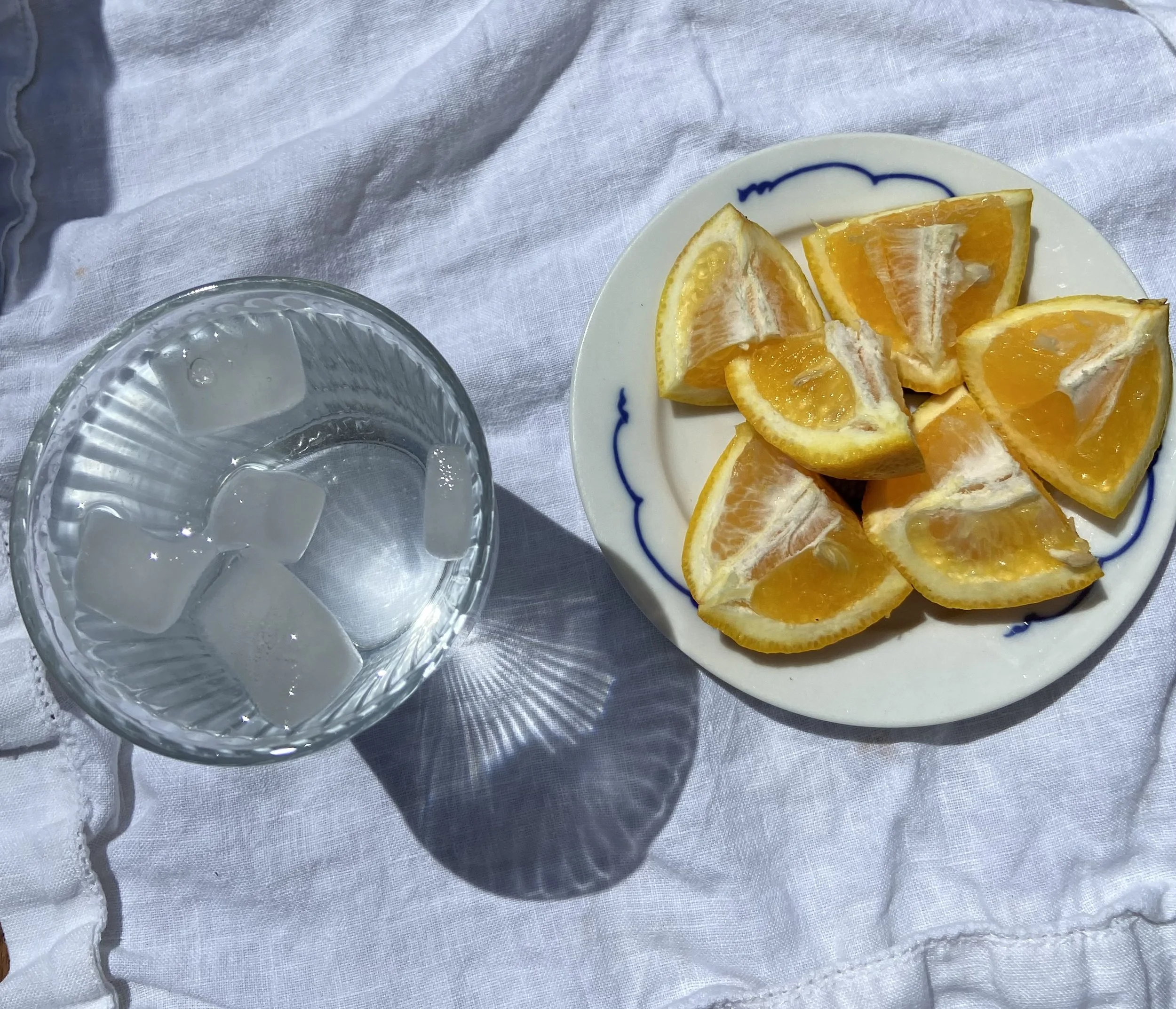 A glass of water with fresh orange slices on a tablecloth