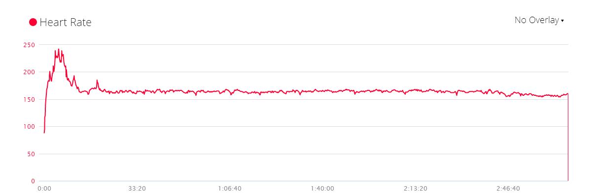 Author's heart rate during the Long Island Marathon, averaging 165 BPM with a big spike in the first couple miles.
