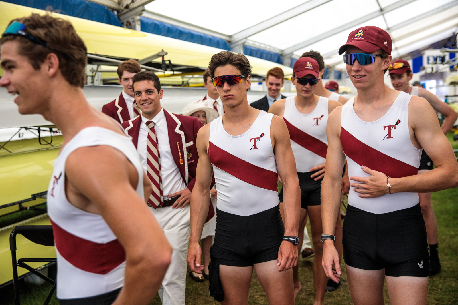  A crew gather around the rowing boats following a race at the Henley Royal Regatta on June 28, 2017 in Henley-on-Thames. 