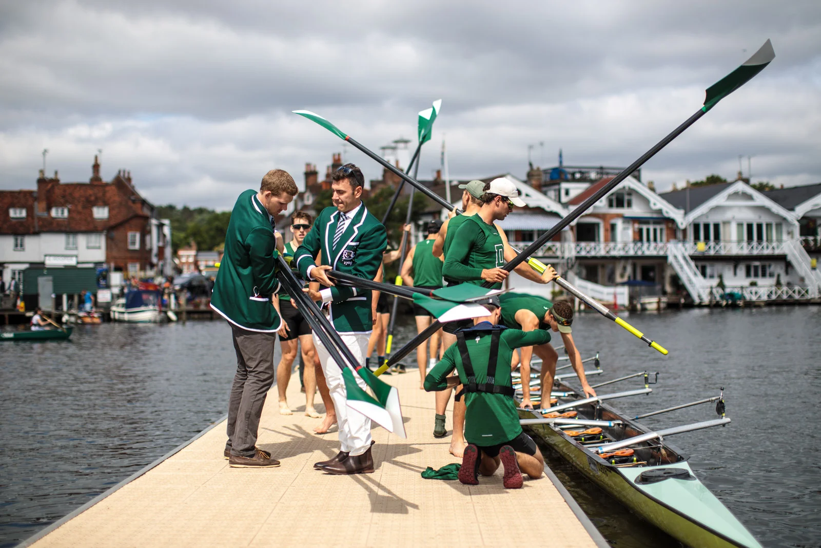 A rowing crew prepare ahead of a race at the Henley Royal Regatta on June 30, 2017 in Henley-on-Thames.