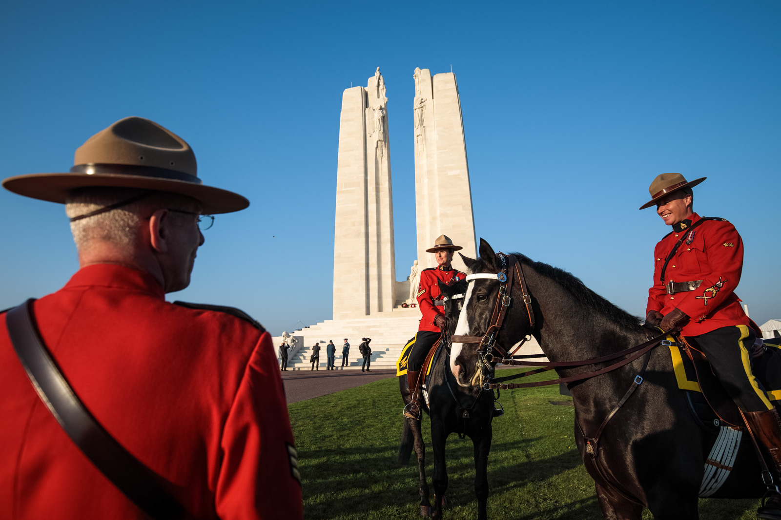 VIMY, FRANCE : Royal Canadian Mounted Police are pictured in front of the Canadian National Vimy Memorial.