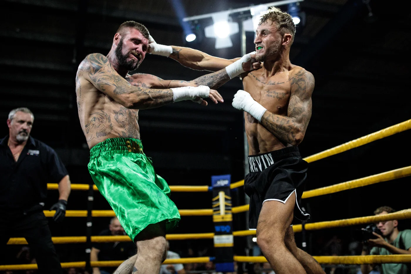 MANCHESTER, ENGLAND: Jay 'BamBam' Eggleston, 35 from Sheffield (L) fights Luke Nevin, 22 from Newcastle (R) during an Ultimate Bare Knuckle Boxing (UBKB) event at Bowlers Exhibition Centre on August 4, 2018.