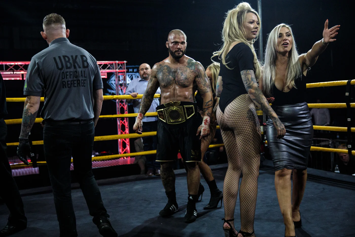MANCHESTER, ENGLAND: Dom Clark, 35 from Bournemouth celebrates his win against two-time World Bare-Knuckle Boxing Champion Luke Atkin during the Rogue Elite world title fight during an Ultimate Bare Knuckle Boxing (UBKB) event at Bowlers Exhibition Centre on August 4, 2018.