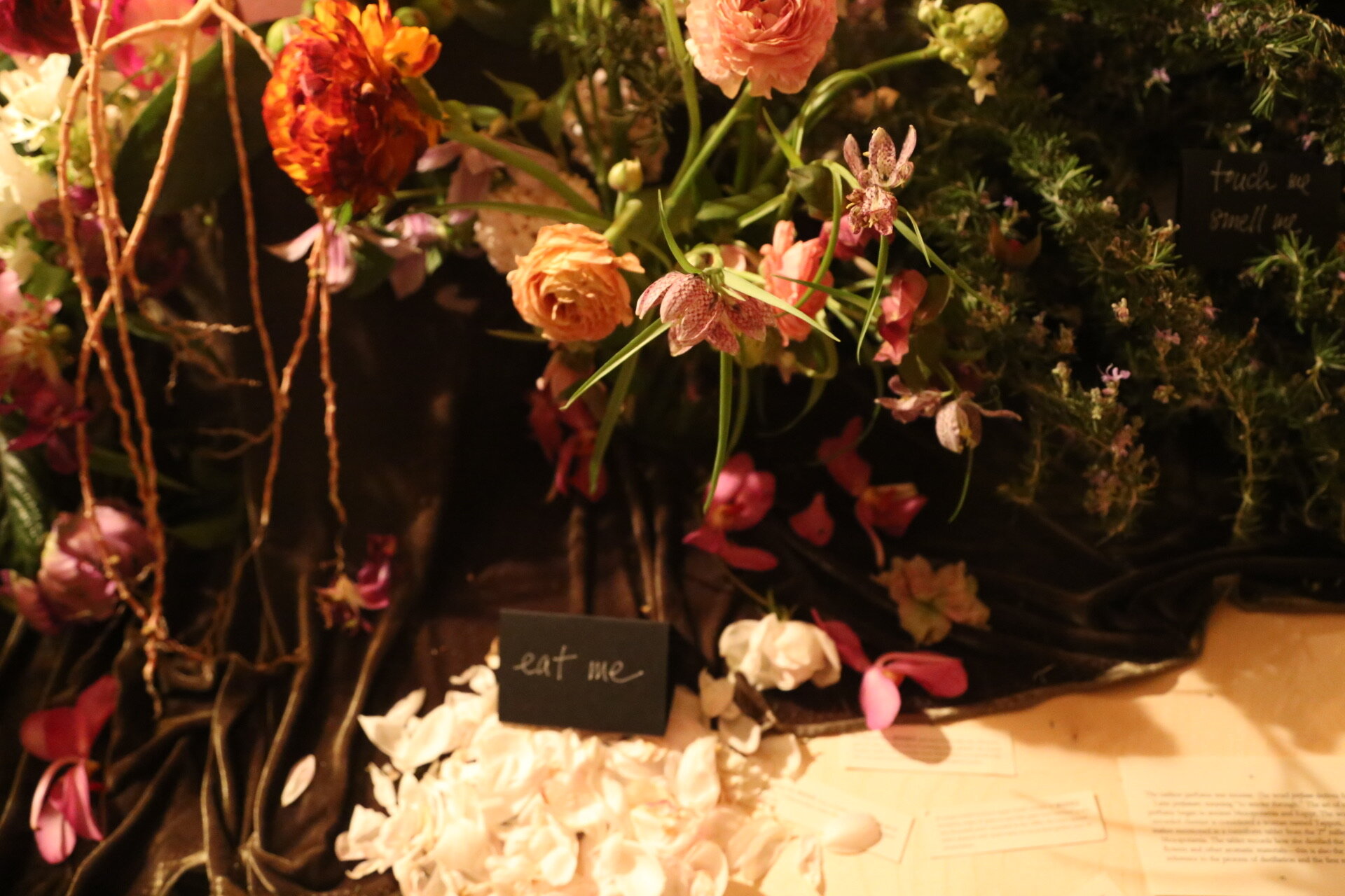 Garden Party installation at Days / 2019 / photo by Nora Beckman Upstairs in an old brick building, I created a secret garden for all the senses, flowers to smell and touch and eat. The most fragrant tuberose, freesia, sweet peas, hyacinth. Weird e