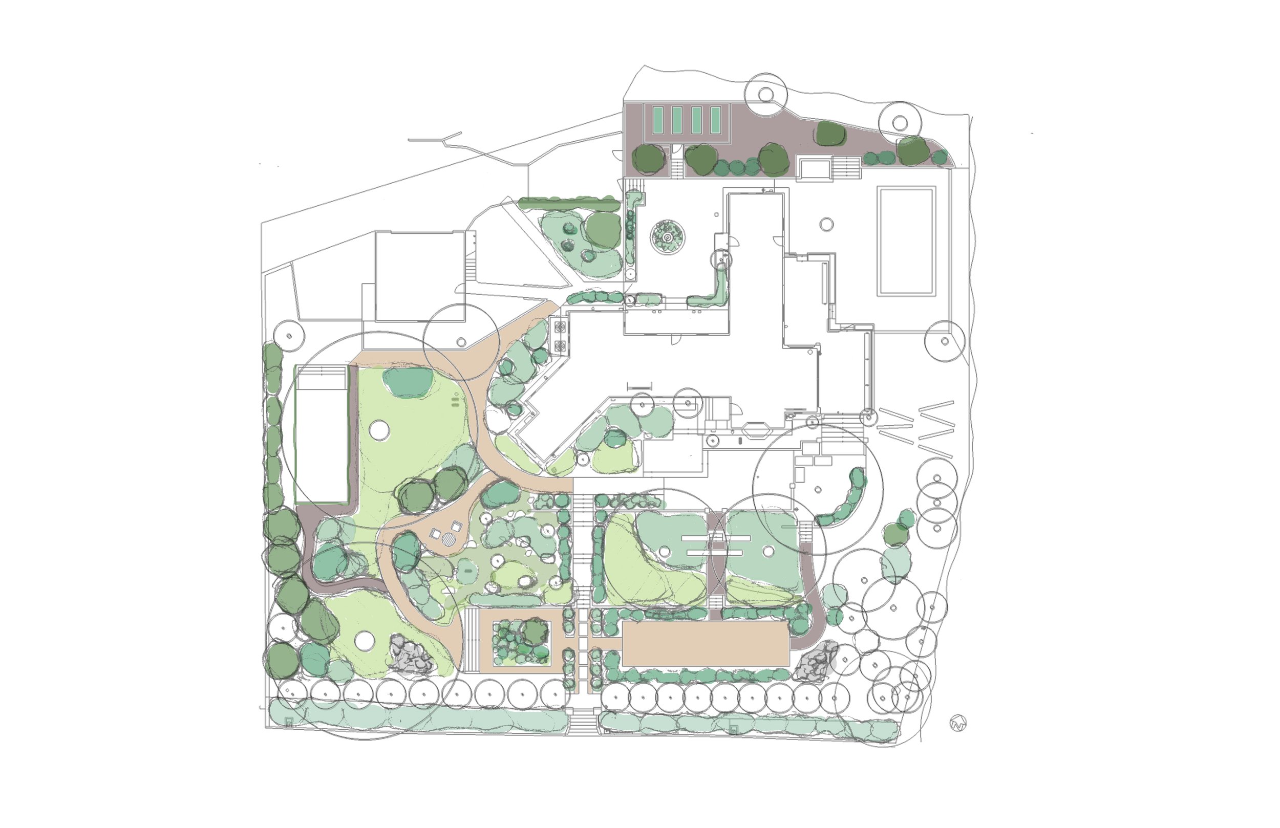 Conceptual drawing for new planting, paths, and courtyards around an existing house on a three-quarter acre lot 