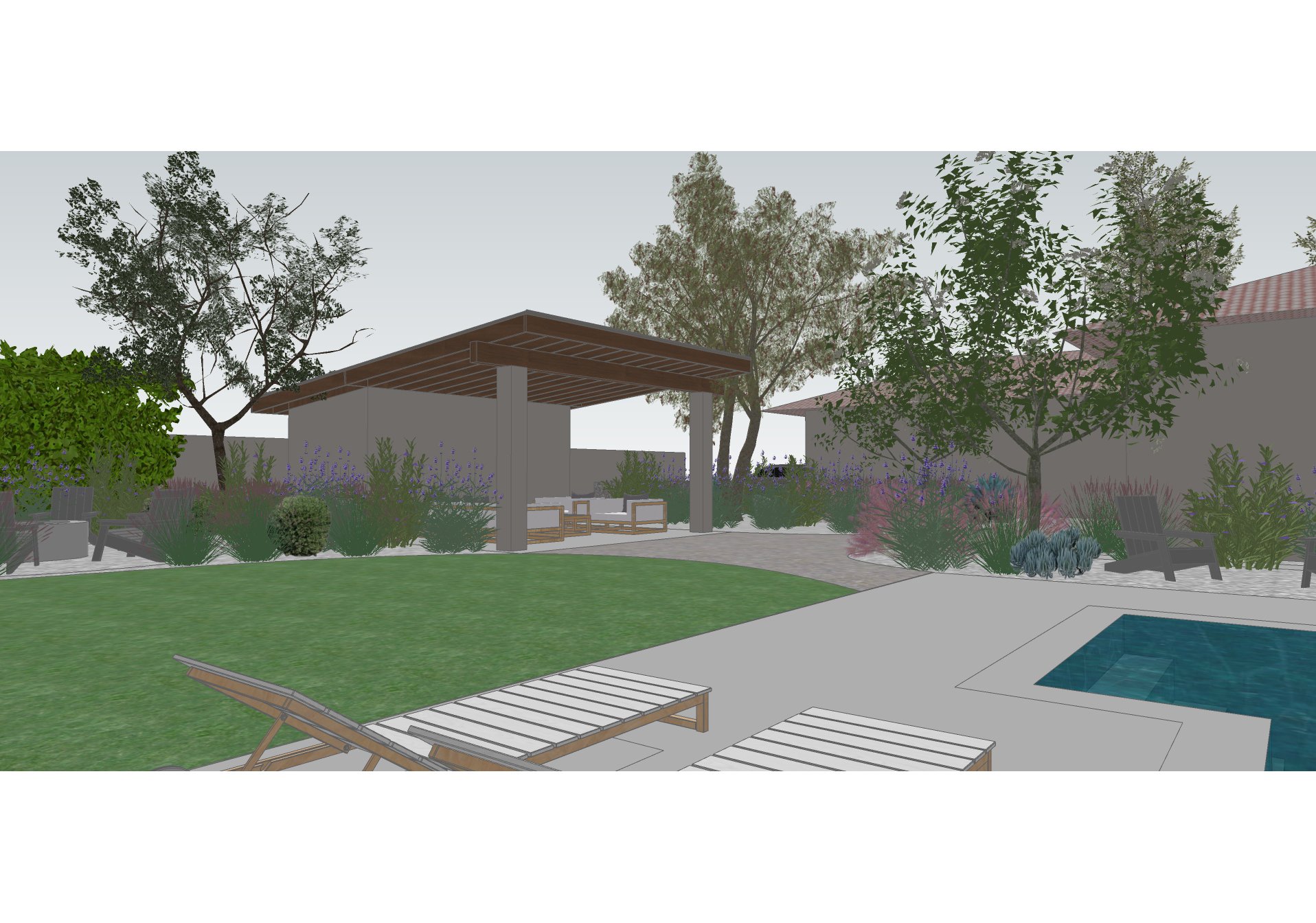  Schematic design of new outdoor pavilion, fire pit, hardscape, lawn, and planting  