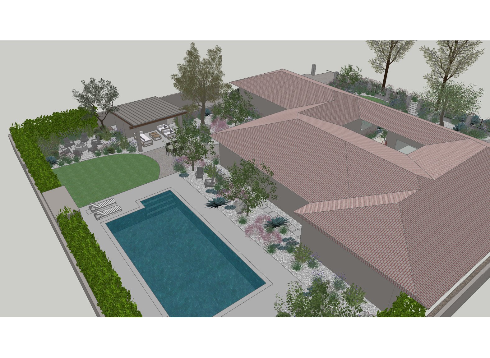  Schematic design for new outdoor pavilion, fire pit, hardscape, and planting throughout 