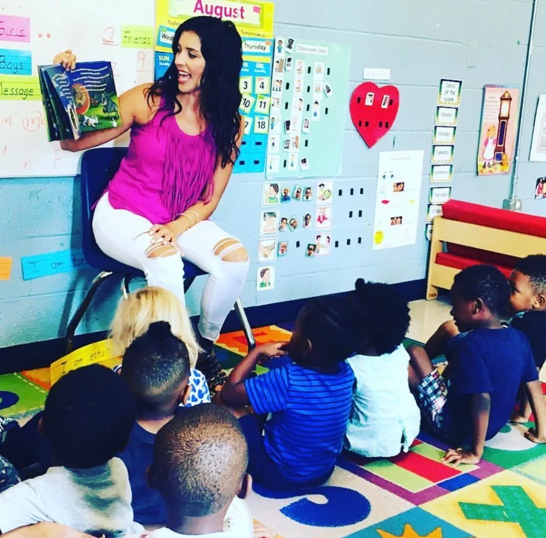 Crystal reading her children's book Mason the Bull