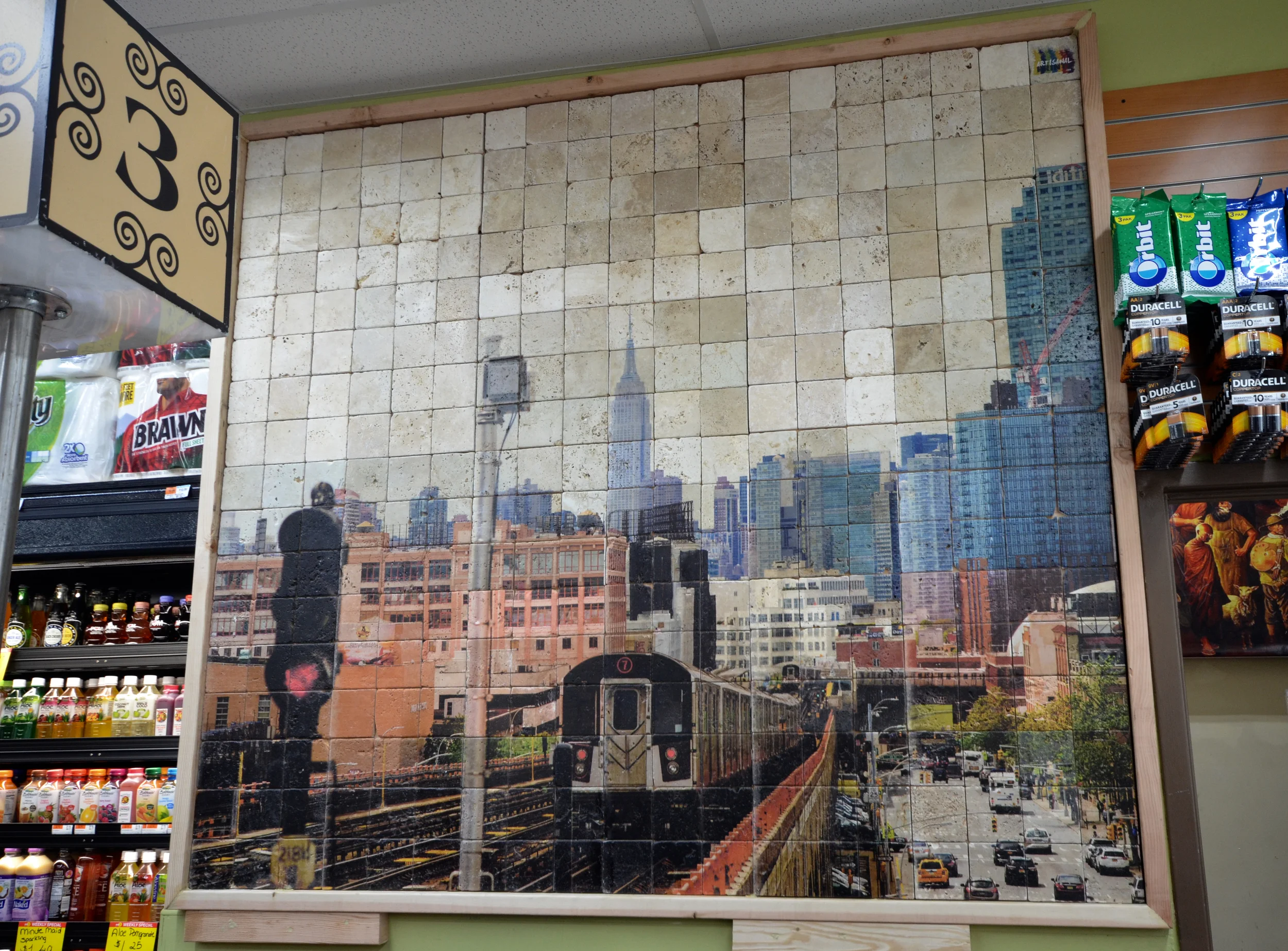 Custom work for a Supermarket 72 X 80 Inch over 300 printed 4"X4" Chiaro Tumbled Tiles