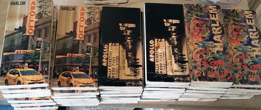 Special cedar woobrick printed with Harlem iconic photos of today’s Apollo Theater, a black and white historical image of the theater and a colorful scenic street art.