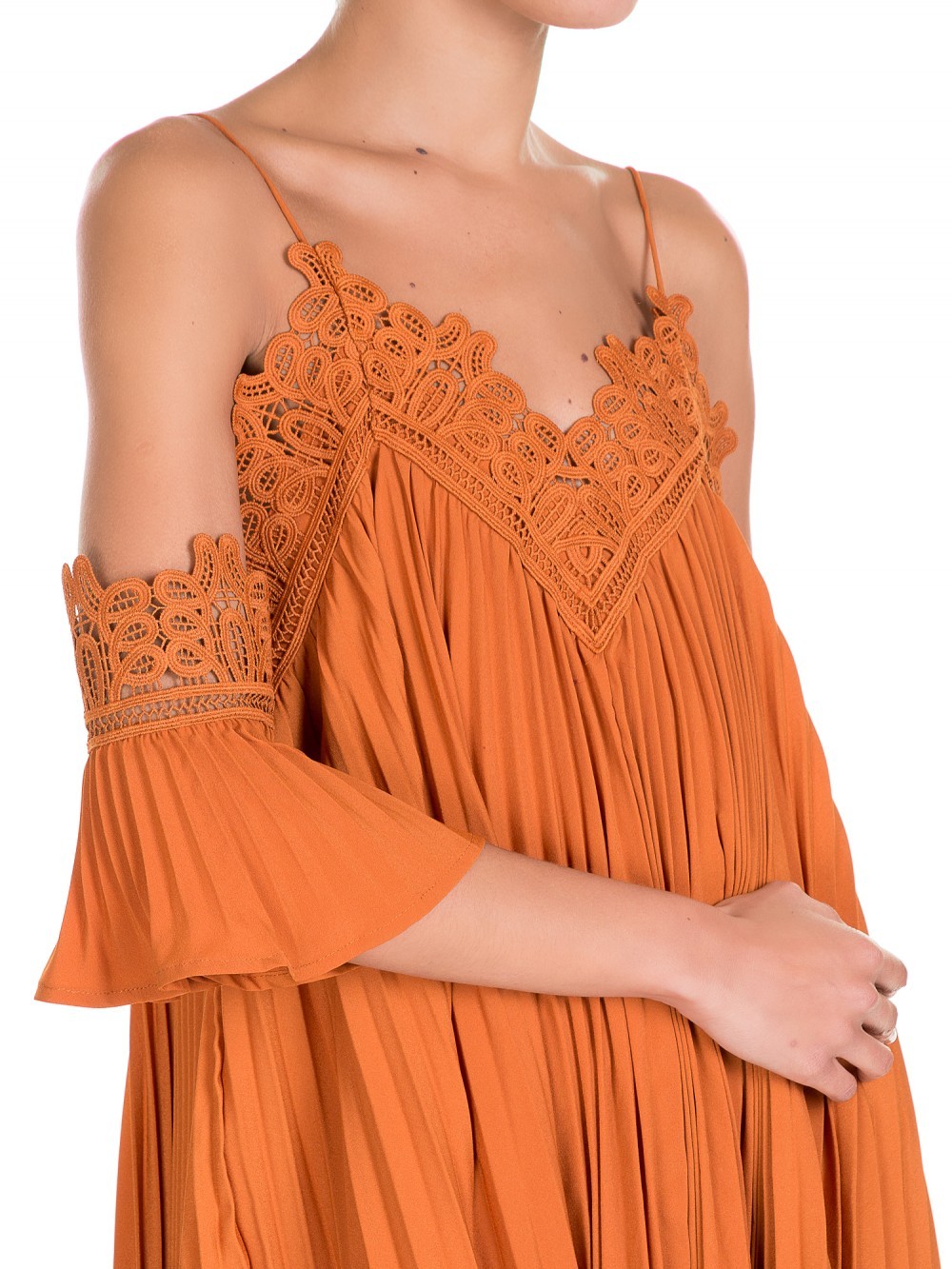 Self portrait orange off shoulder pleated chiffon dress 2025