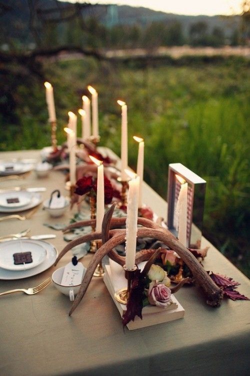 Beige Linen, Candles, Branches, Rose Tops, Leaves (weddingomania.com)