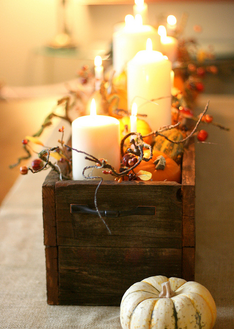 Burlap Runner, Wooden Box, Candles, Mini Pumpkins (beehiveevents.com)