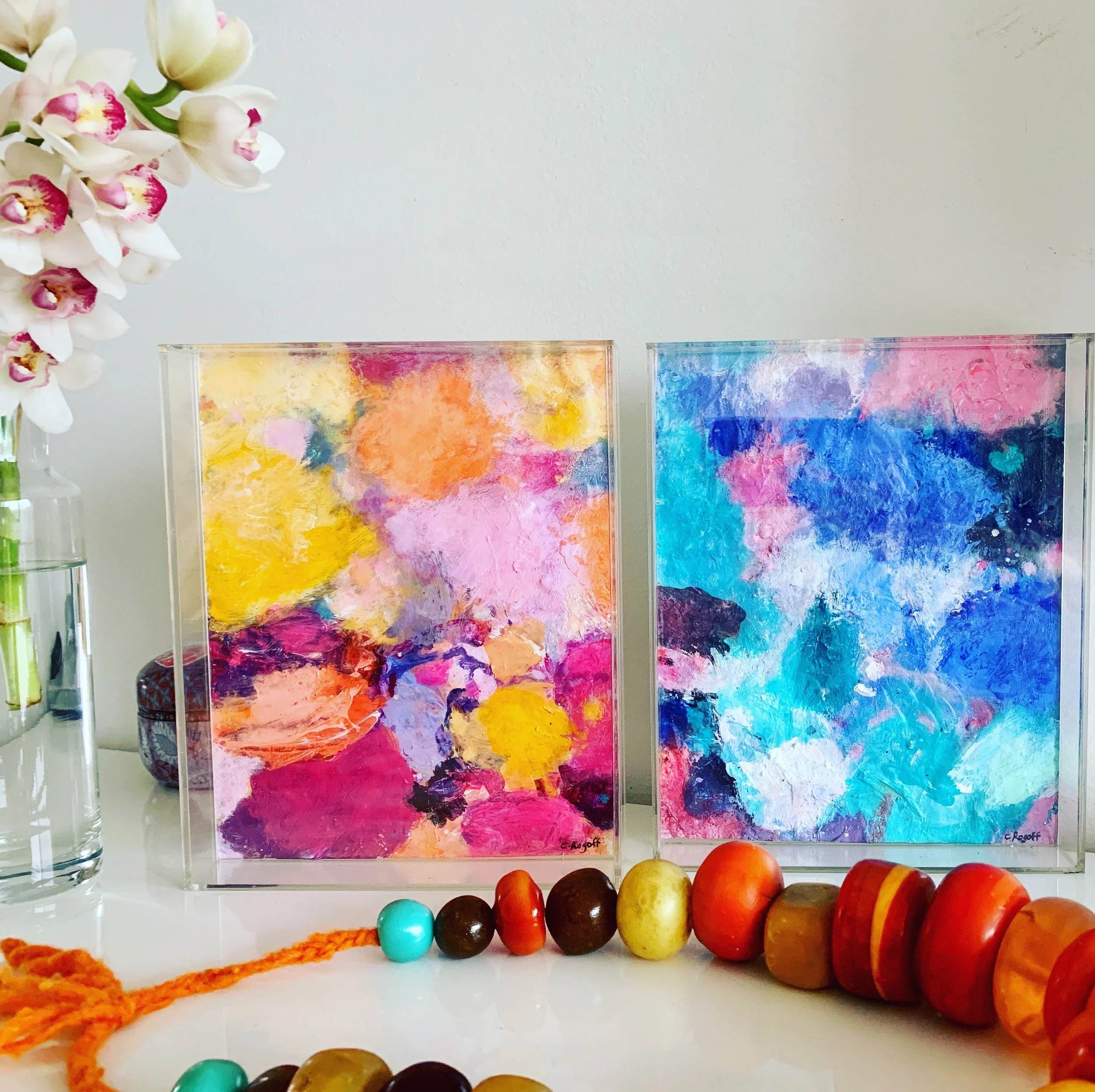 Yellow &amp; Blue Pop in Perspex frame, 21 x 26cm each