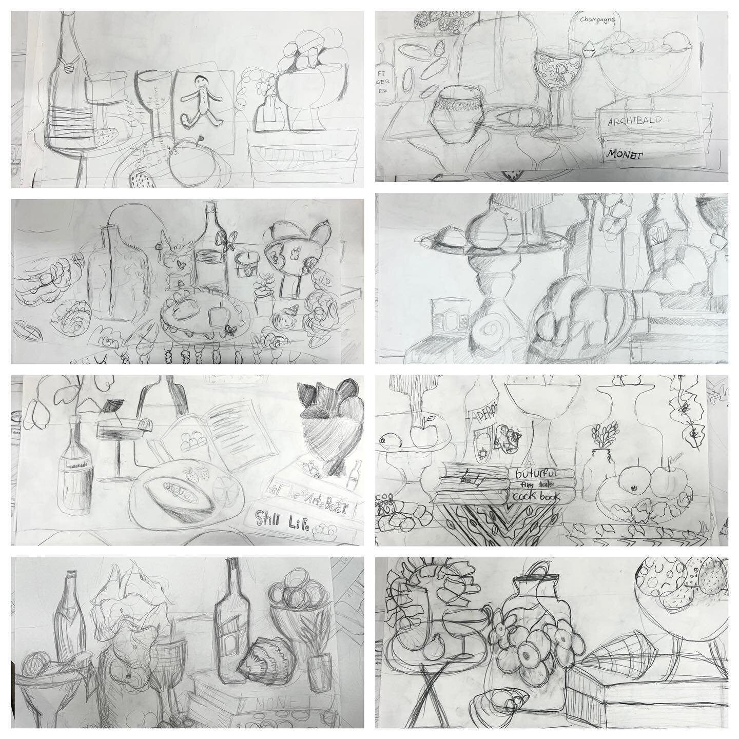 These are the kids preliminary drawings for the still life painting lesson. Such great observation and composition learning. #stilllife #kidsart #kidslearning #drawing #pencildrawing #observation