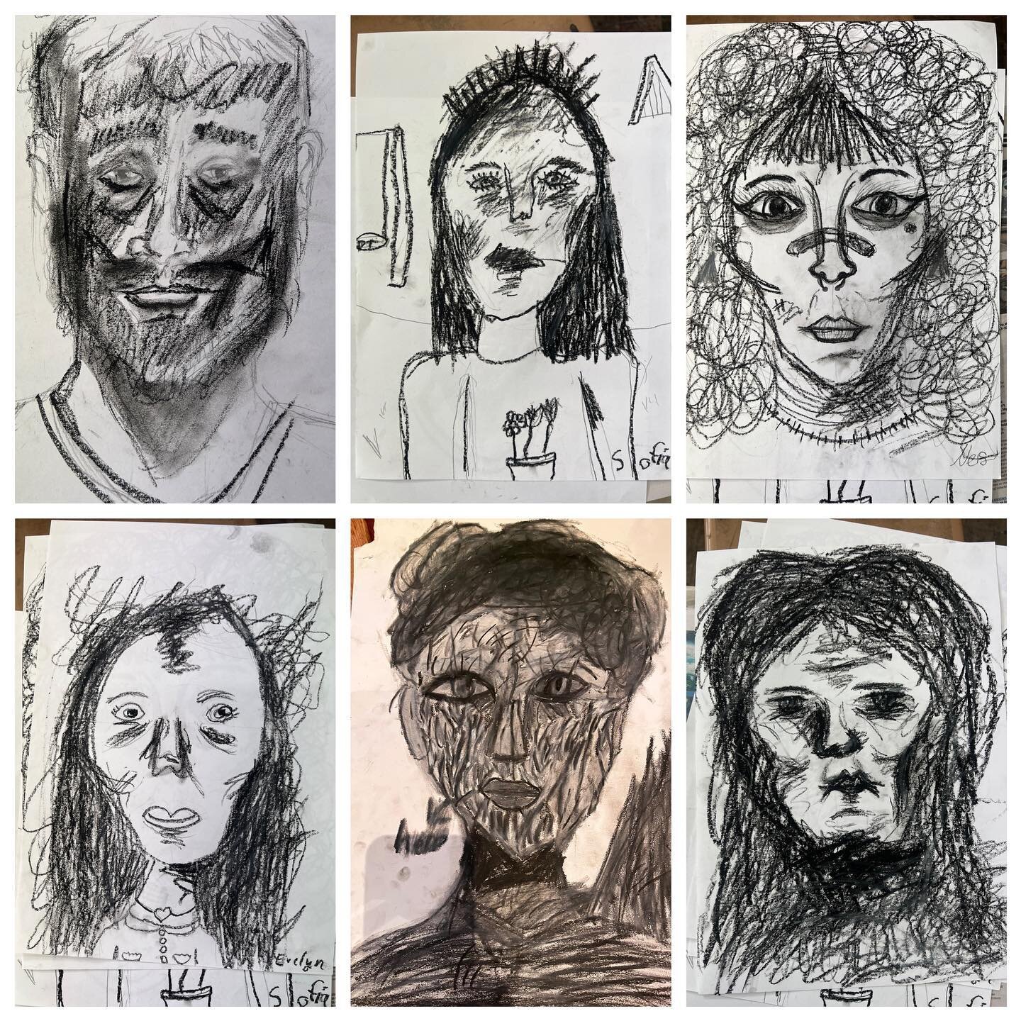 Kids expressive portrait b&amp;w drawing class. #kidsart #creativekids #expressiveart #portrait #drawing #artclass