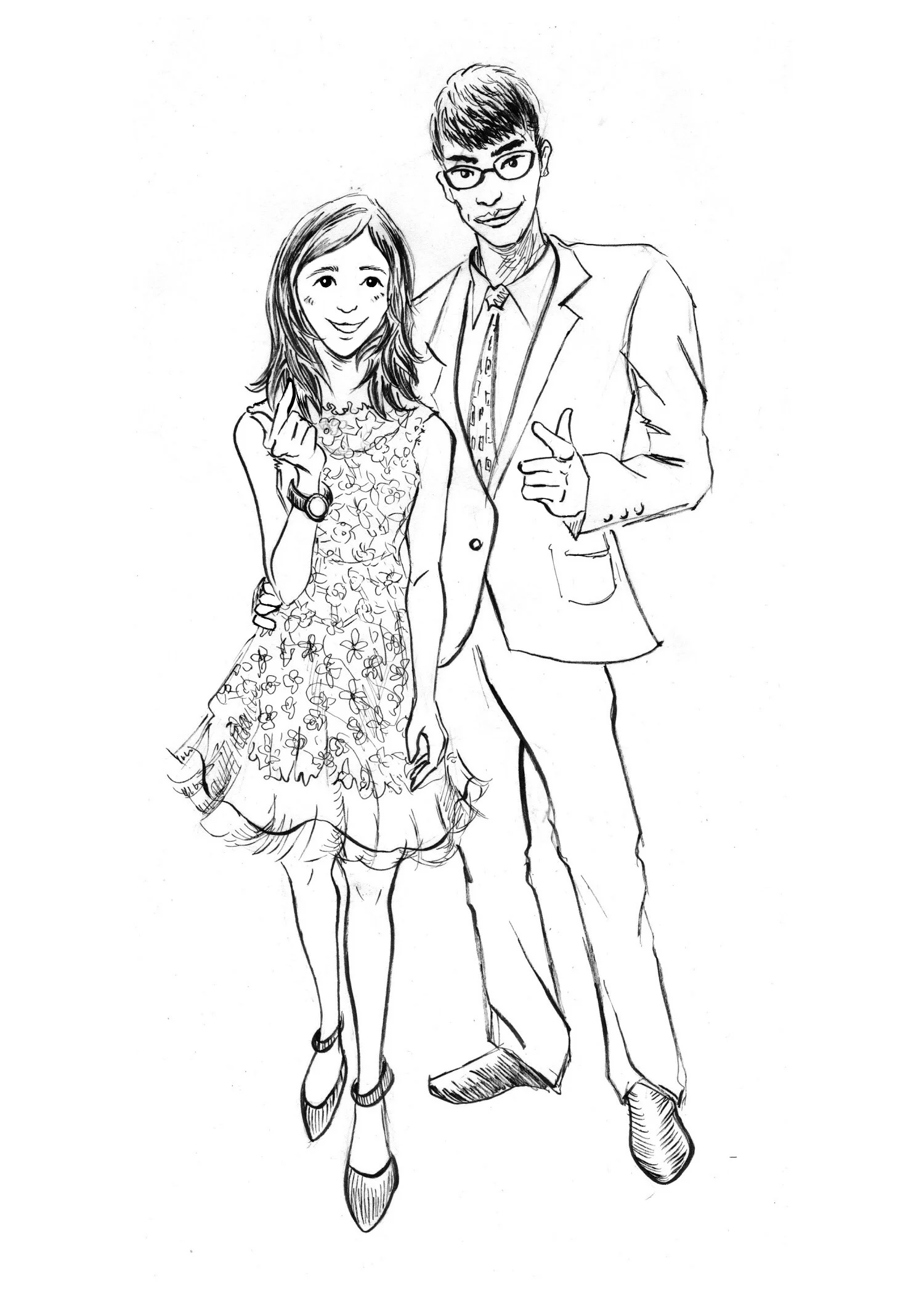 This is the finished line work based on their photo. Lala wants a longer hair look so I adjusted to her need. It's done with Sakura's fine brush pen. I really love their micron pens and brush pens.