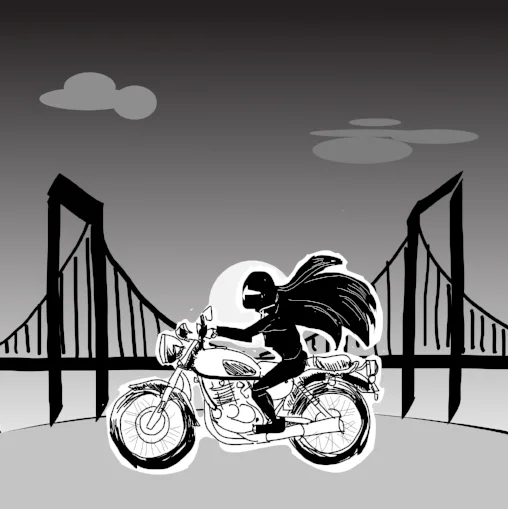 Last one features a female rider cruising on the road under the sunset.