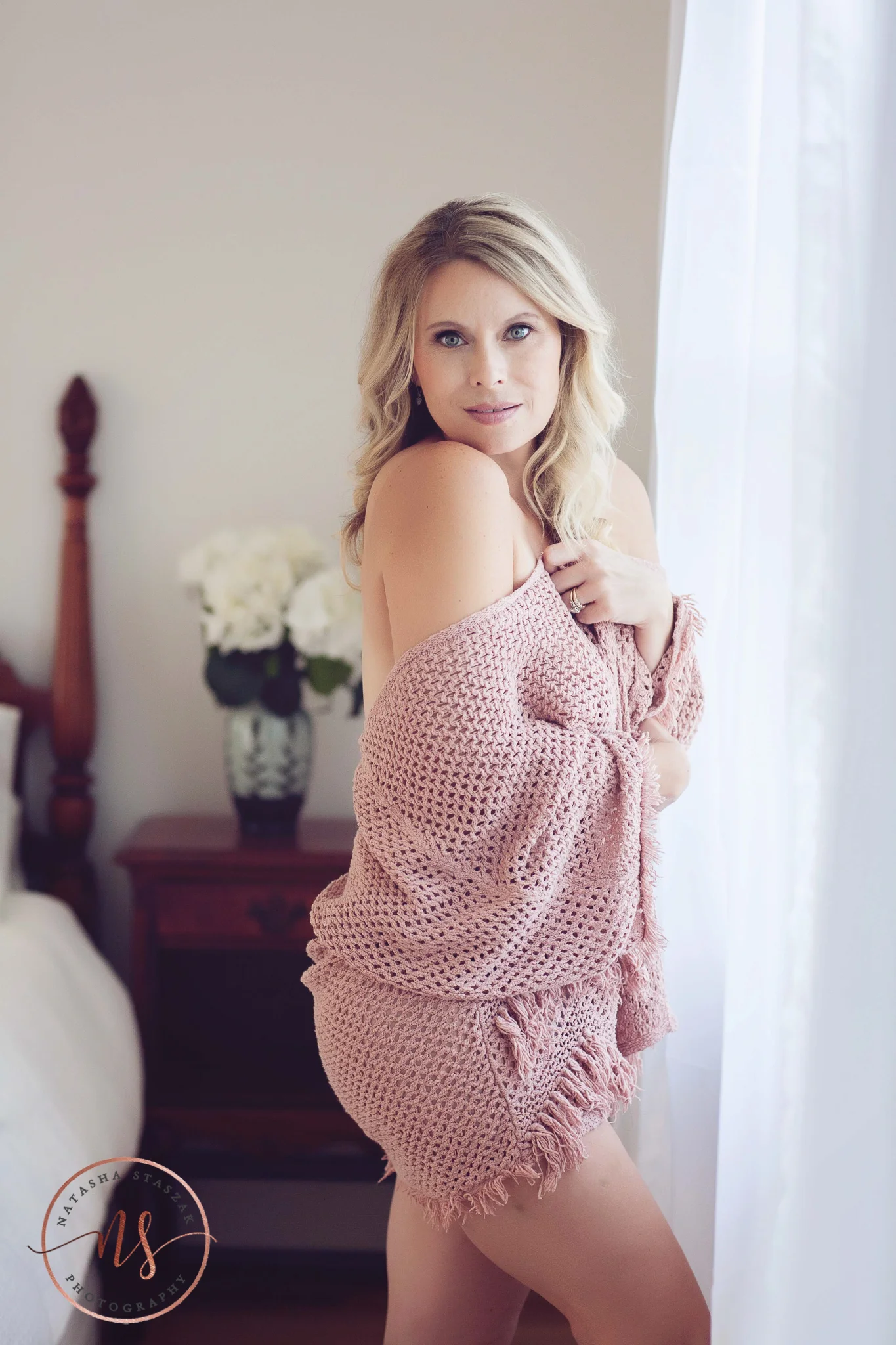 Boudoir Portraits | Woman Standing wearing pink casual wrap off the shoulder | Boudoir Behind the Scenes Info | Buffalo NY Boudoir Photographer | Natasha Staszak Photography