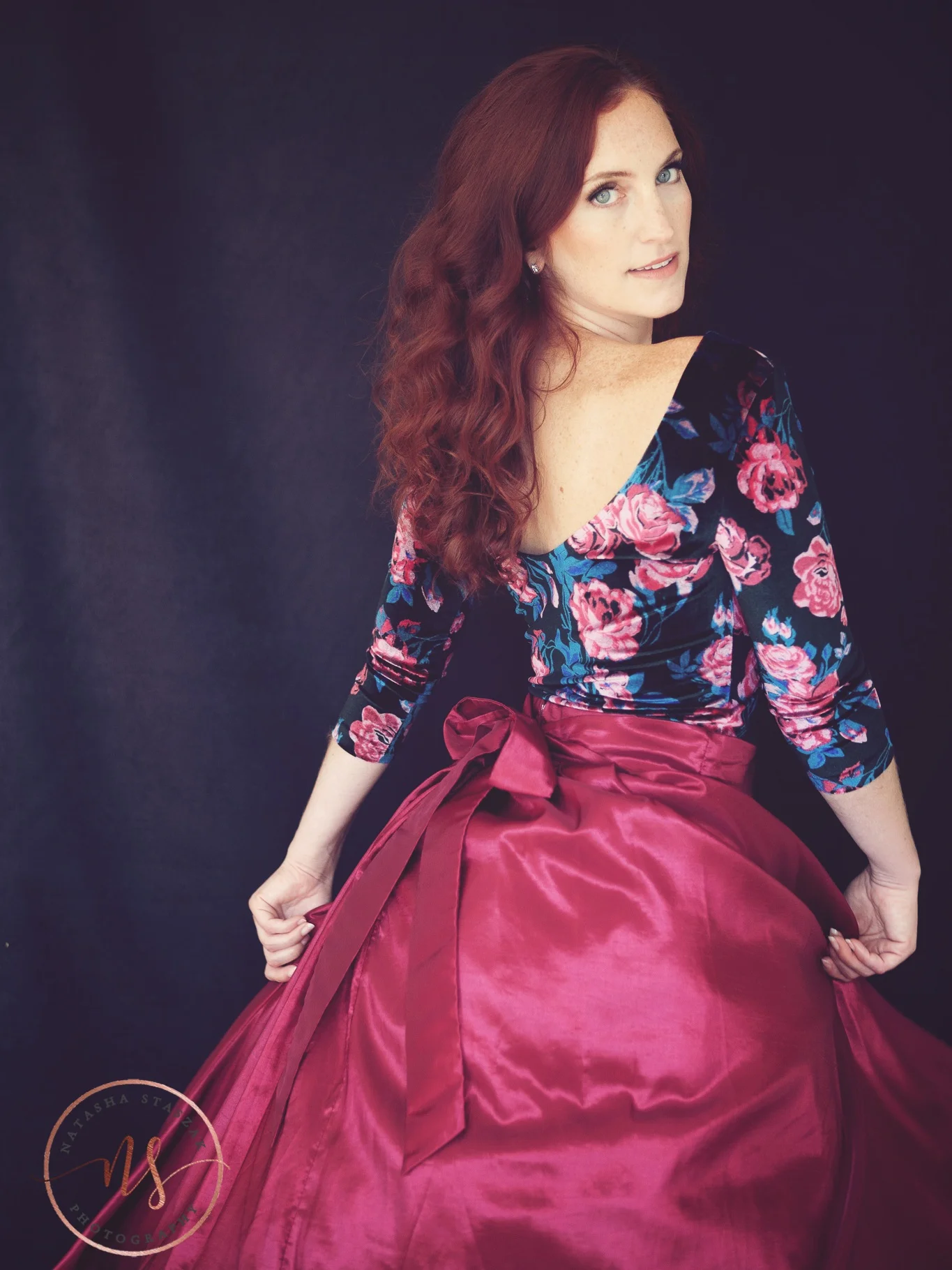 Cortney Chyme dancing portrait with red hair in Studio in East Aurora NY