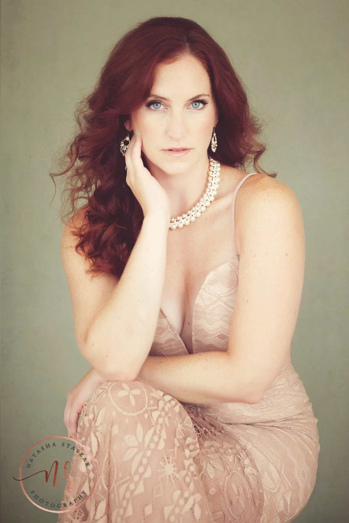 Cortney Chyme portrait of a woman in lace dress in East Aurora NY
