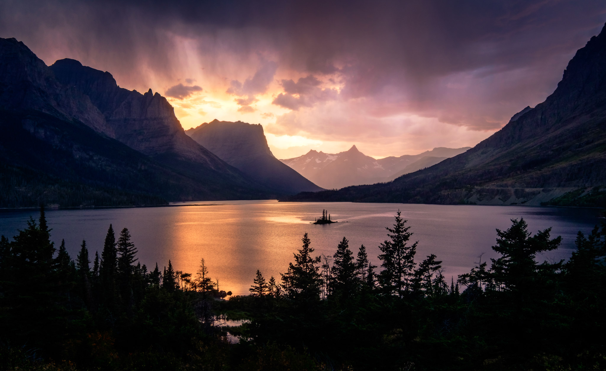Wild Goose Island, St. Mary Lake during a storm at sunset