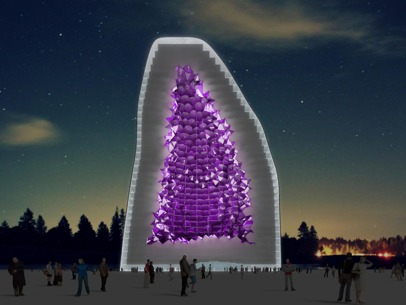 At night, the crystal will achieve a bold and distinctive presence by emitting glowing violet light that will be seen throughout the city.