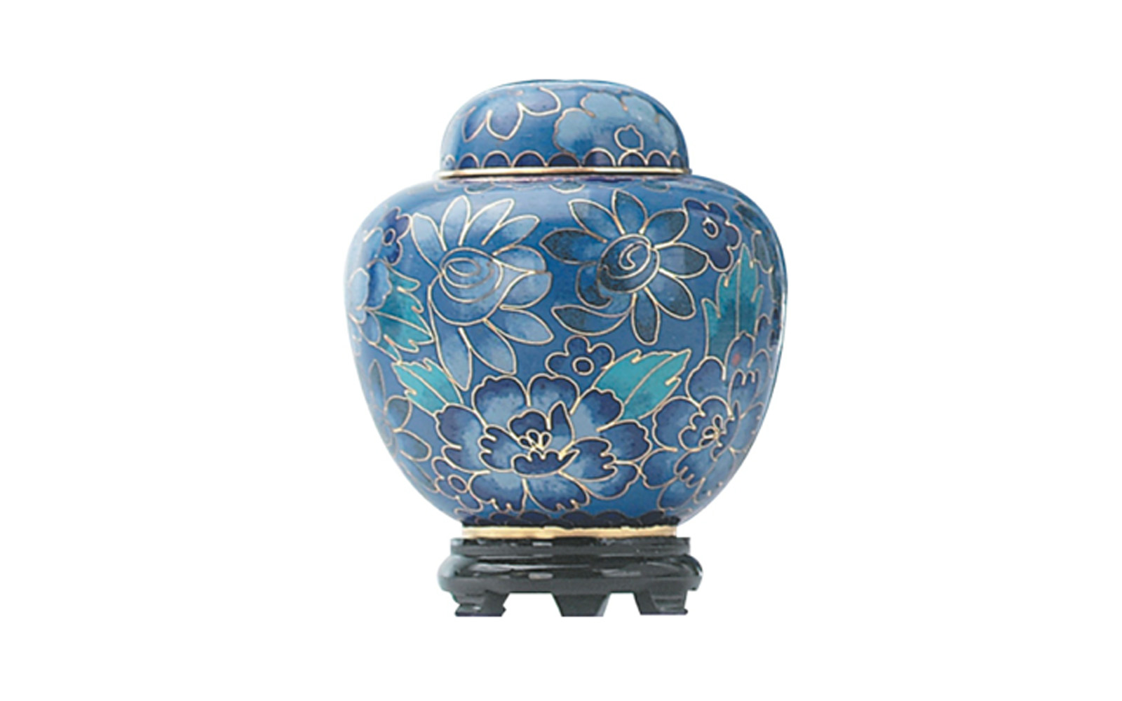 Blue Cloisonne Keepsake Made of Brass, this urn’s outer shell is composed of intricate metal wiring filled with painted enamel. It measures 2 ¾” Dia. x 3 ½” H, Black Base 2 ¼” Dia. x 1” H, 2.5 Cu. inches, up to 2 lbs, $68