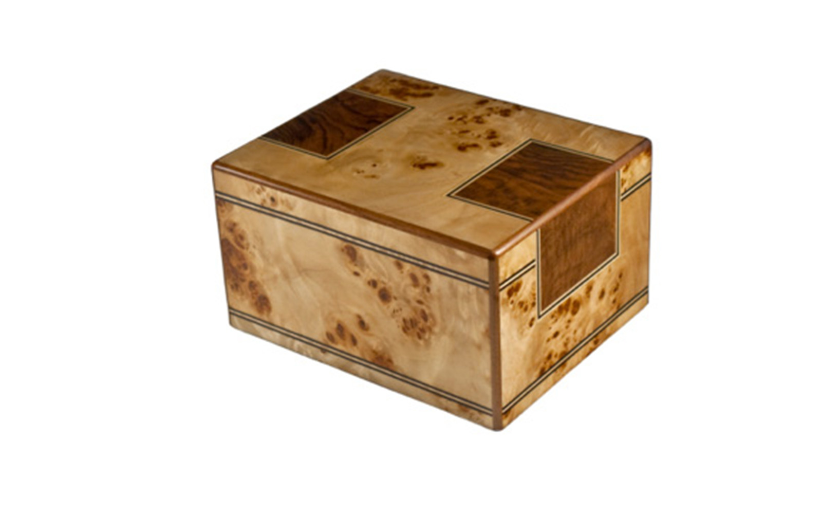 Chambord The Chateau de Chambord is one of the most recognizable French castles because of its distinctive French architecture and Italian classic structures. This light elegant blond maple burl with walnut burl and black inlays give this urn a blend of textures that is sure to make a beautiful addition to any space in your home. This urn is available in small and large sizes only. Small: 29 Cu. inches / up to 24 lbs. / 3.7" x 3.7" x 4.5" $115 Large: 235 Cu. inches / up to 230 lbs. / 9.1" x 7.4" x 5.2" $225
