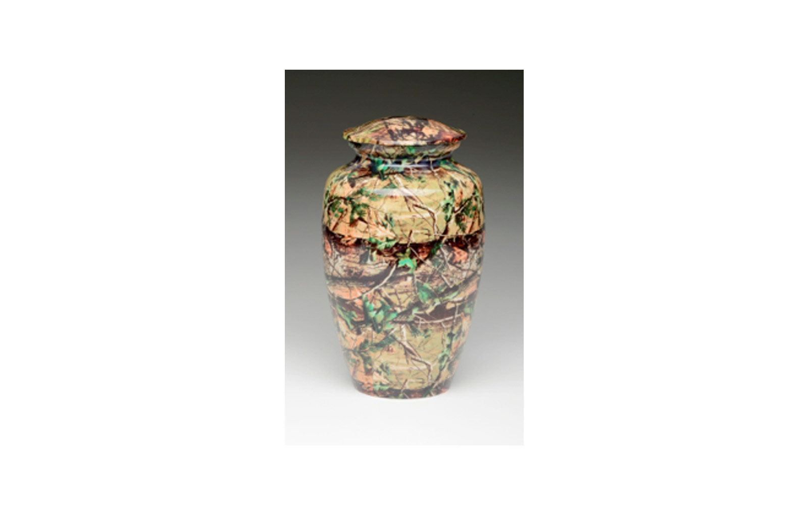 Mossy Oak Camouflage This urn displays a "Camouflage" Design, which is highly durable and will not fade over time. This urn has a Threaded Lid and comes in Large, Heart Keepsake, and Keepsake (see keepsakes) sizes. Large: Measures 6" D x 10" H, 200 Cu. Inches, up to 195 lbs, $145