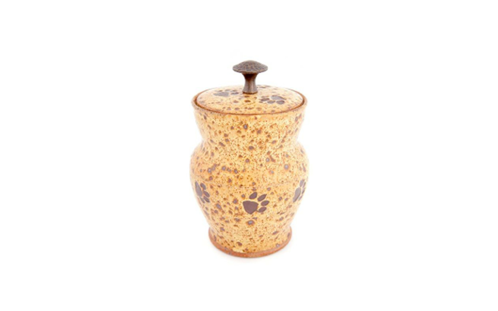 Spotted Paws Ceramic Pet Urn This ceramic urn has a Hand Hammered Handle with Brown Paw Prints circling around it. Measuring 4 ½” L x 4 ½” W x 7 ¼” H, 32 Cu. Inches, up to 32 lbs., this urn is truly a wonderful accent piece to any décor. $120 *Please Note: Each piece is uniquely made by its Artist resulting in different colors and weight