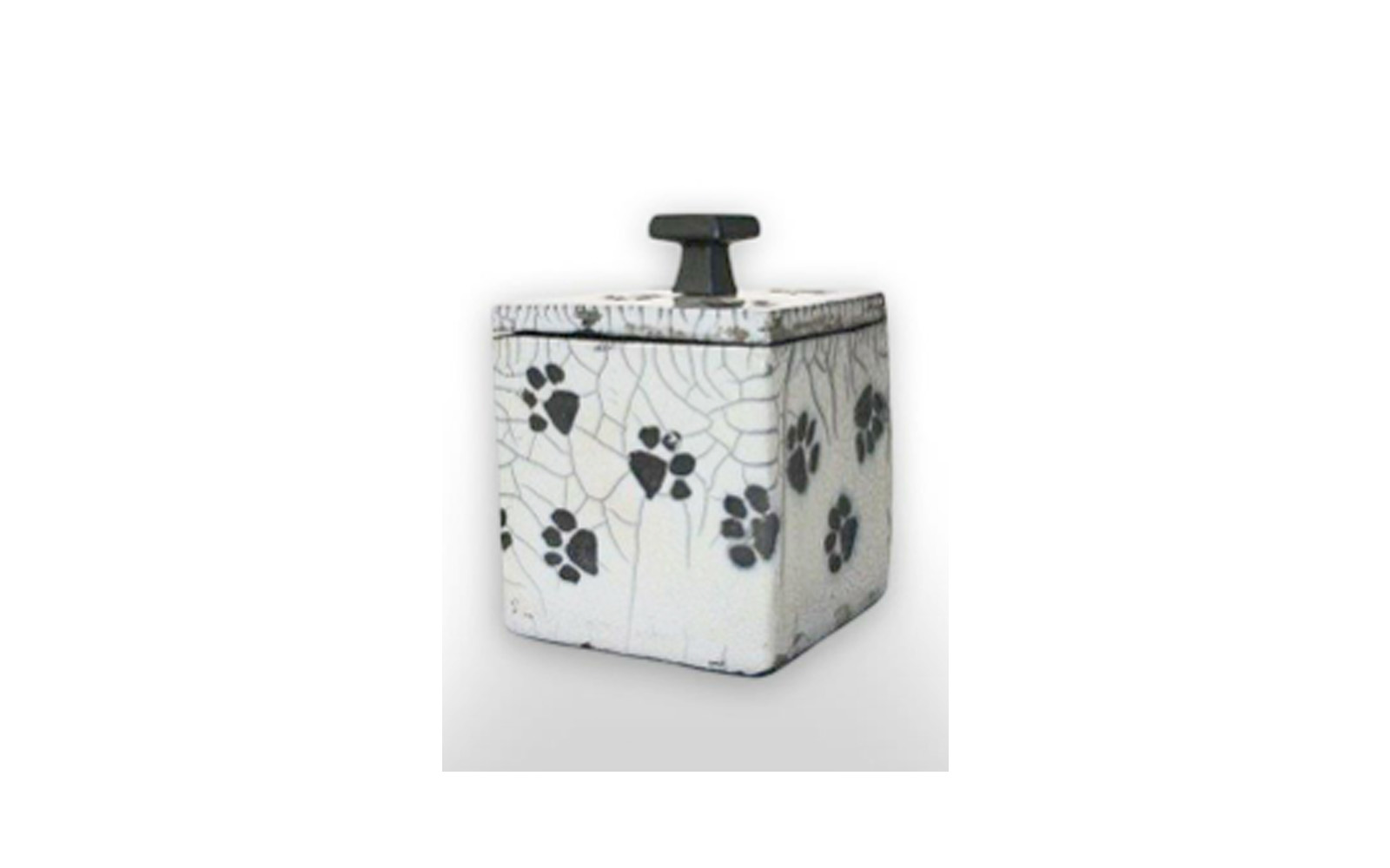 Playful Paws Square Ceramic Pet Urn This ceramic urn is a one of a kind Crackled Glazed Cube giving an antique like appearance measuring 4” L x 3 ¾” W x 5 ¼” H, 36 Cu. Inches, up to 36 lbs. $130 *Please Note: Each piece is uniquely made by its Artist resulting in different colors and weight